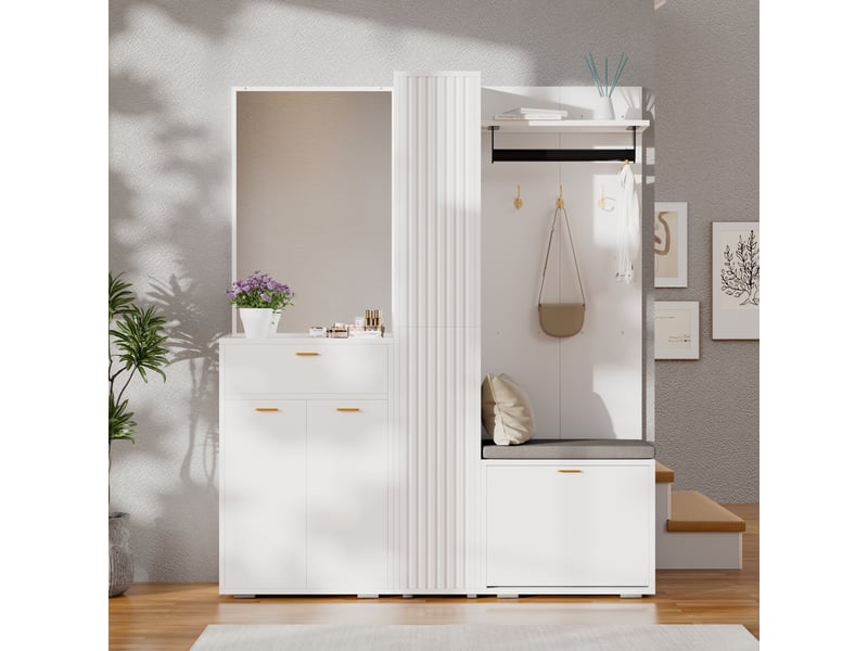  Vestiaire d’entrée avec miroir et banc, 3 portes, blanc, 150 x 36 x 180 cm  - Conforama E