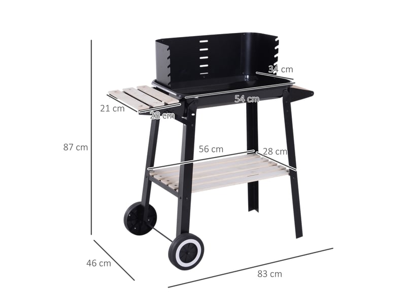  Barbecue au charbon de bois avec grille réglable, étagères et roulettes, 83 x 37 x 87 cm, noir  - Conforama E