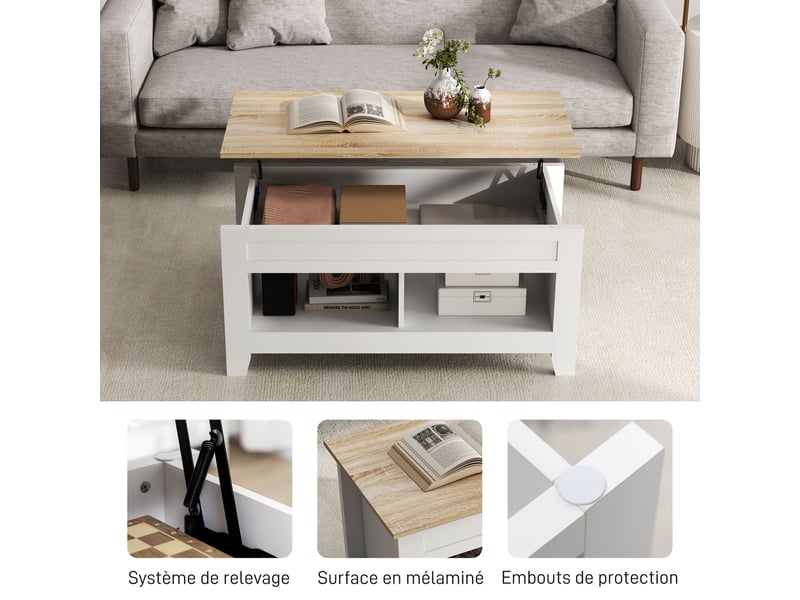  Table basse plateau relevable, table de salon avec étagères et compartiment caché,blanc 105 x 50 x 49-62,5 cm  - Conforama R