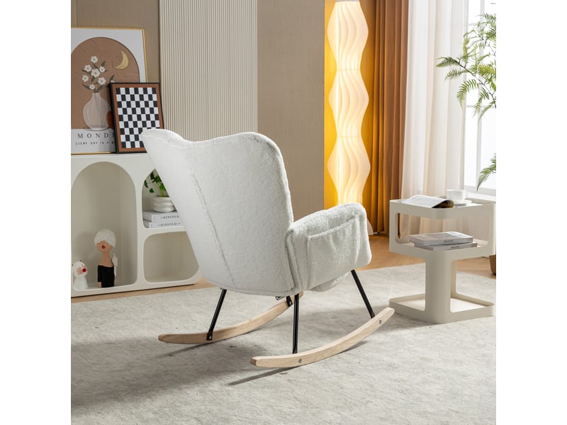  Rocking chair blanc en tissu teddy, fauteuil relax avec repose-pieds escamotable pour salon et chambre  - Conforama R