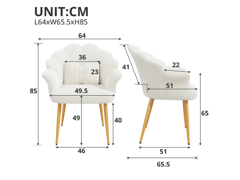  Lot de 4 fauteuils de salle à manger 64x65,5x85 cm avec dossier en forme de pétales, pieds en métal doré, blanc  - Conforama C