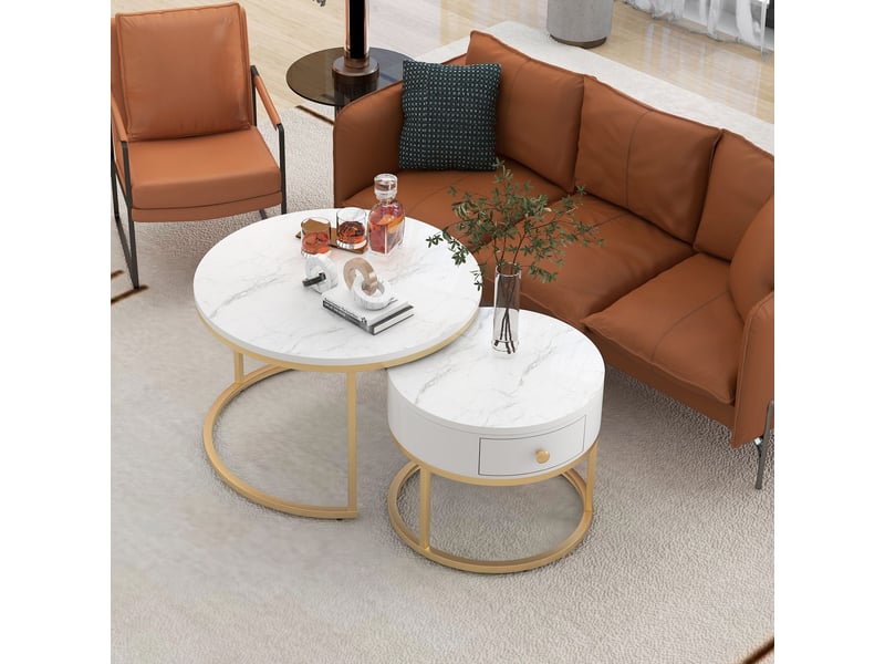  Table basse, set de 2, ø70cm, plateau effet marbre brillant table basse salon, piètement métal doré, design gigogne, gain de place  - Conforama B