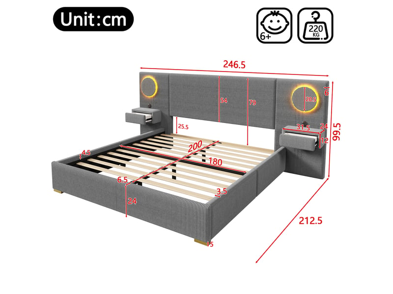Lit double 180 × 200 cm avec tête de lit led, prises usb et tables de chevet à tiroirs en velours gris pour chambre - Conforama C