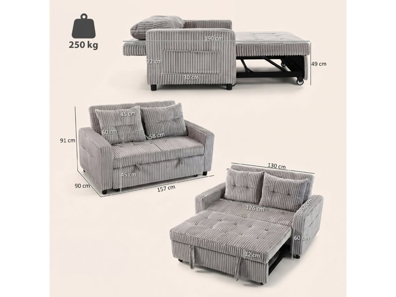 Canapé 2 places 157 x 190 cm revêtement en cord convertible 2 coussins poches latérales gris clair - Conforama C