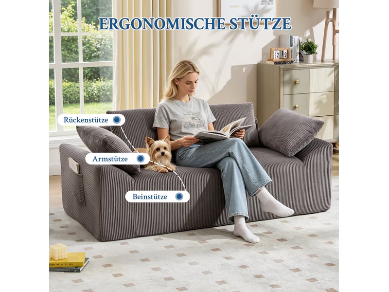  Canapé droit compact 170x86x60 cm 2 places avec accoudoirs incurvés des deux côtés, 2 coussins, tissu marron et gris  - Conforama D