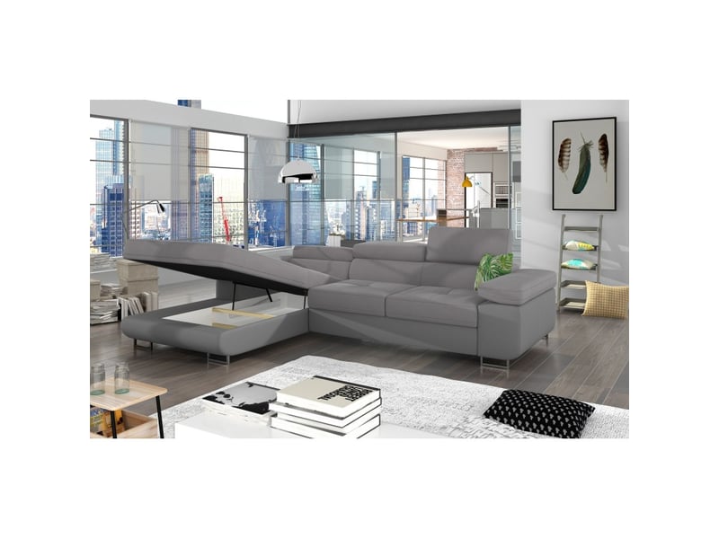 Canapé d'angle convertible amanda gris en tissu effet lin avec coffre - Conforama B