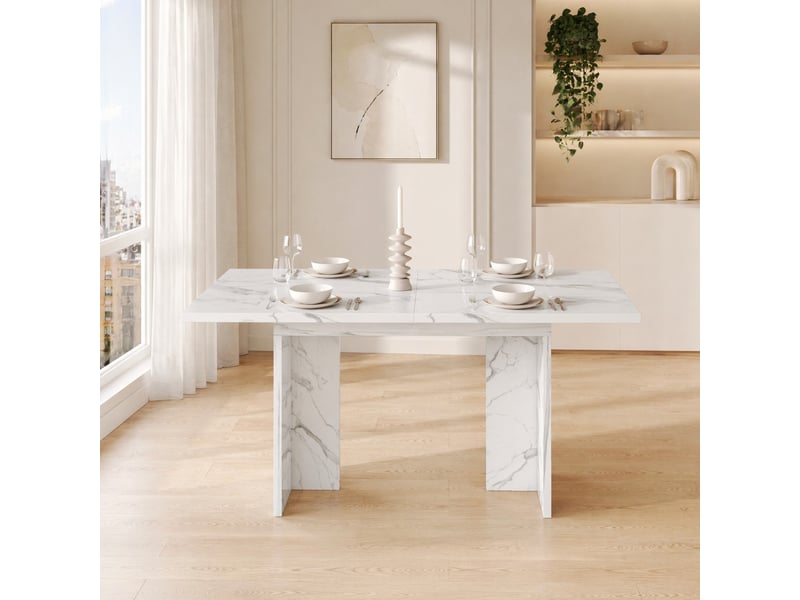 Table extensible 6 à 8 personnes avec rallonge escamotable et plateau épais, en mdf blanc marbre, 140–180 × 80 cm - Conforama B