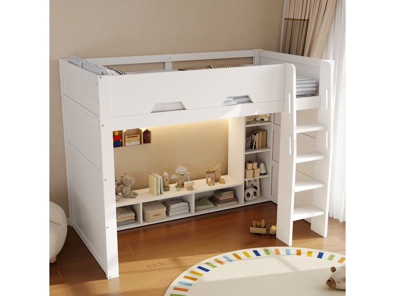  Lit mezzanine 90x200 cm enfant avec escalier, rangements intégrés, étagères, led multicolore, garde-corps, sommier à lattes, bois mdf, blanc  - Conforama D