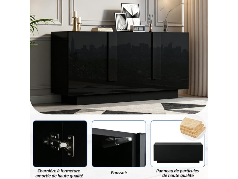 Buffet noir brillant 3 portes, meuble de rangement 160 x 35 x 60 cm avec 6 compartiments et étagères réglables - Conforama E
