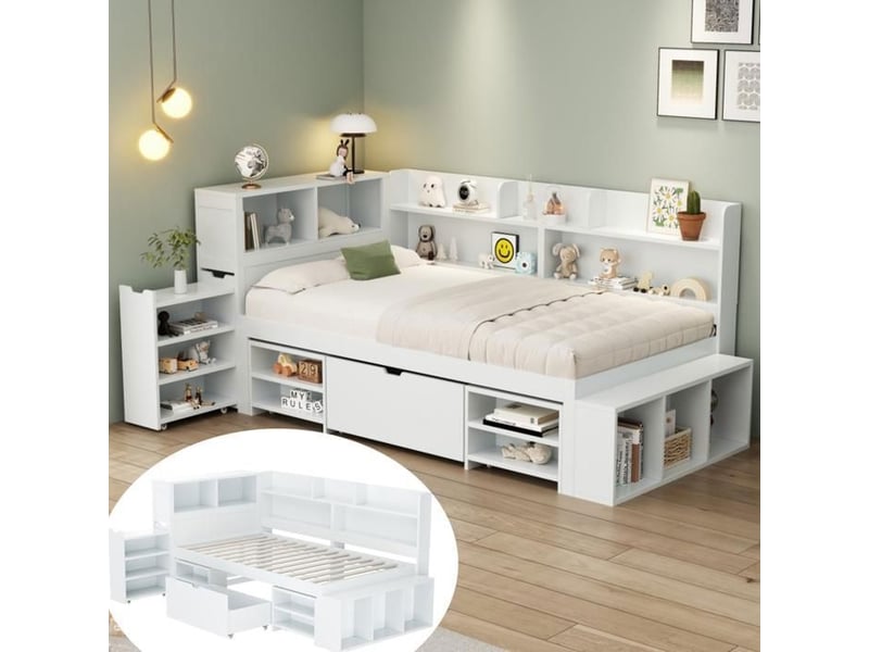  Lit enfant multifonctionnel - 90x190 cm - tiroirs intégrés - sommier à lattes inclus blanc - Conforama B