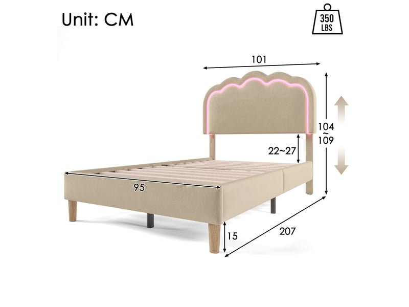 Modenvie lit simple capitonné 90x200 cm - avec led, tête de lit réglable, sans matelas - beige  - Conforama C