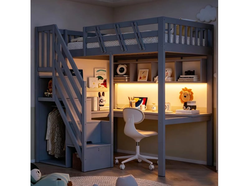 Lit mezzanine enfant 90x200 cm gris avec bureau, escalier de rangement, led et usb - Conforama D