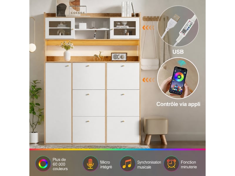  Meuble à chaussures étroit 130x25x180 cm, 6 abattants, 2 portes vitrées, led Fay Lum - Conforama E