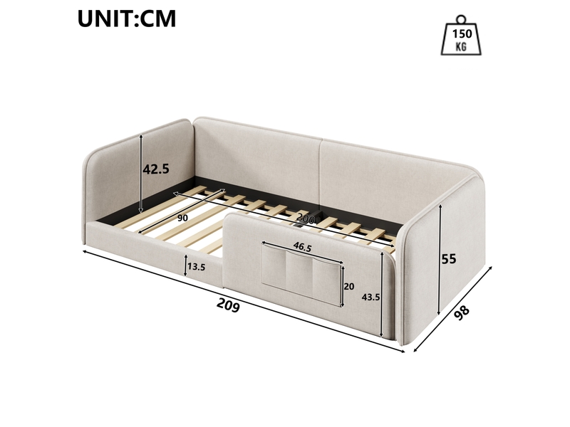  Lit plateforme modenvie 90 x 200 cm rembourré en lin beige avec cadre de sécurité et poches de rangement  - Conforama C