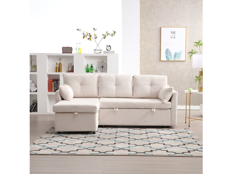  Canapé d'angle convertible 3 places beige en velours côtelé, avec rangement, chaise réversible et lit d'appoint  - Conforama E