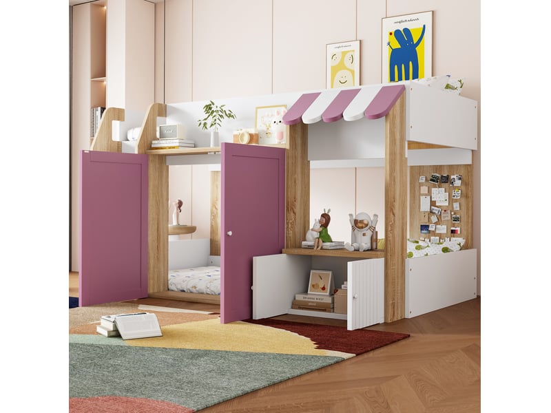  Lit mezzanine enfant 90x200 cm avec échelle, rangements et étagères blanc et rose  - Conforama B