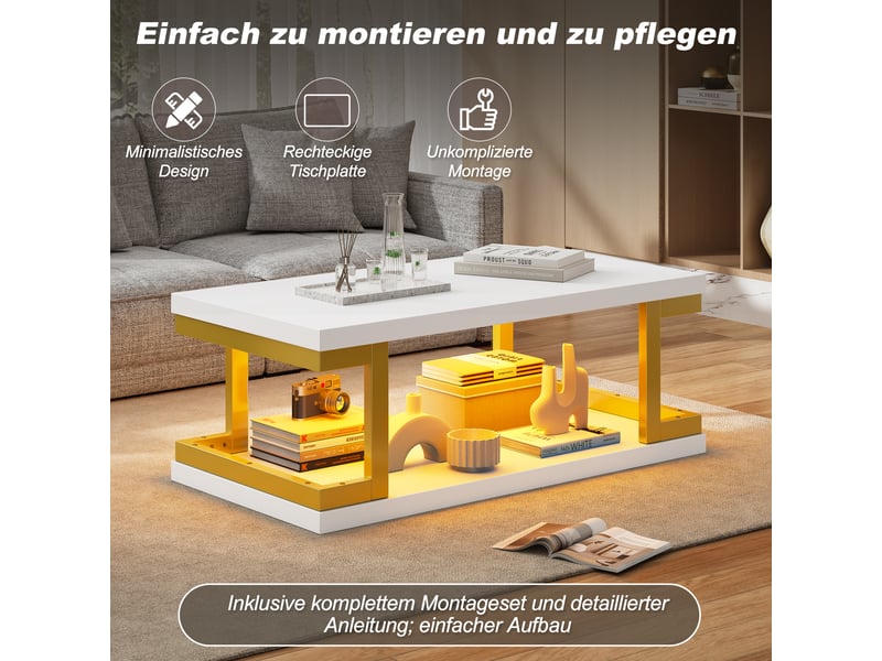  Table basse avec led rgb 100x50 cm, table de salon blanc et or en mdf et métal, 2 niveaux, charge 50 kg  - Conforama E