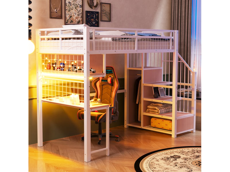 Lit mezzanine 90x200 cm avec bureau, rangements, led et prises coloris blanc - Conforama D