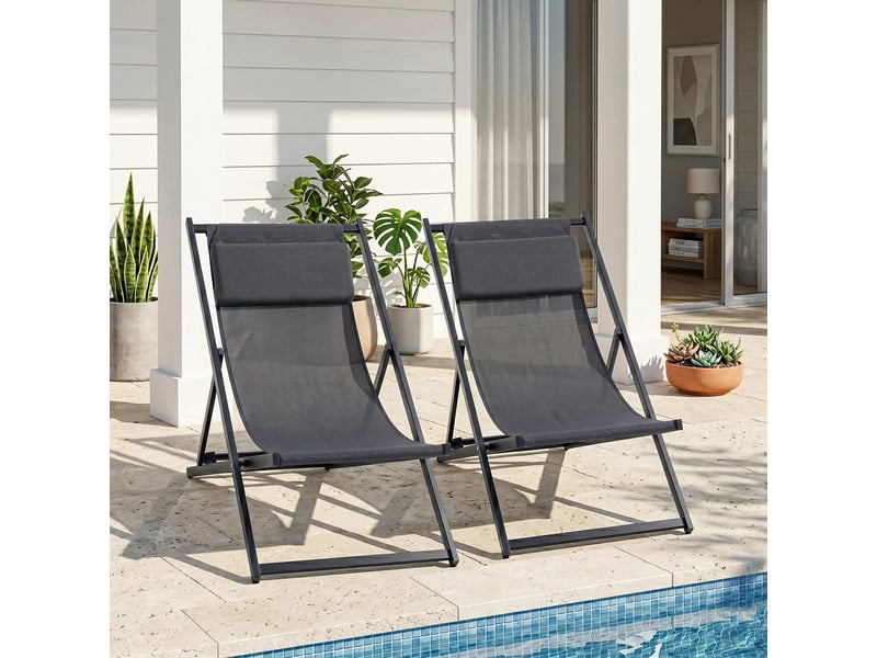  Ensemble de 2 chaises longues pliantes en aluminium avec dossier et appui-tête réglables sur 5 positions, 60 x 100 x 85 cm, gris  - Conforama B