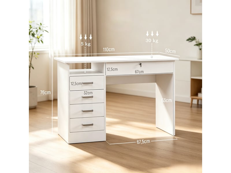  Bureau informatique avec 5 tiroirs dont 1 verrouillable et niche ouverte, 110 × 50 × 76 cm, blanc  - Conforama C
