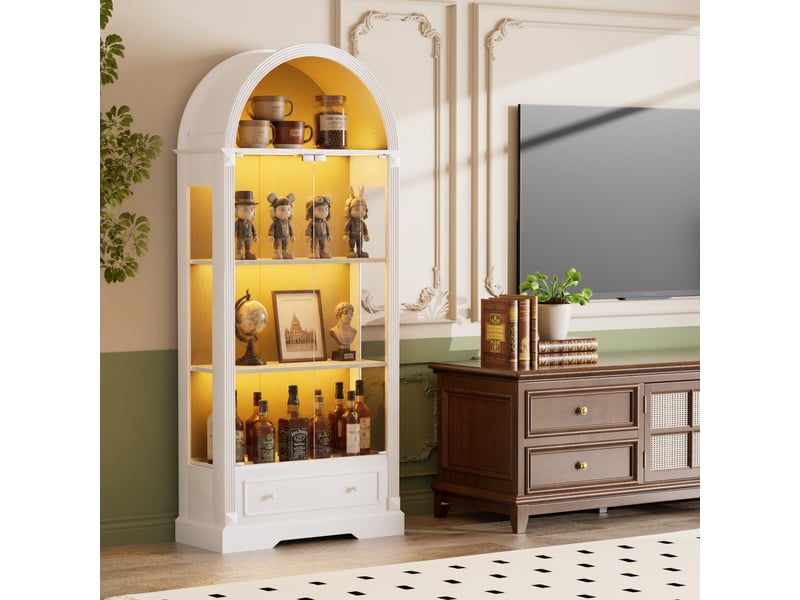  Vitrine blanche de 180 cm - vitrine cintrée de style champêtre avec portes vitrées, éclairage led et tiroirs  - Conforama D