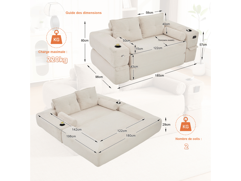 Canapé droit convertible 2 places en velours côtelé beige 180x98x80 cm, avec poches, porte-gobelet, salon séjour 180x98x80cm - Conforama C