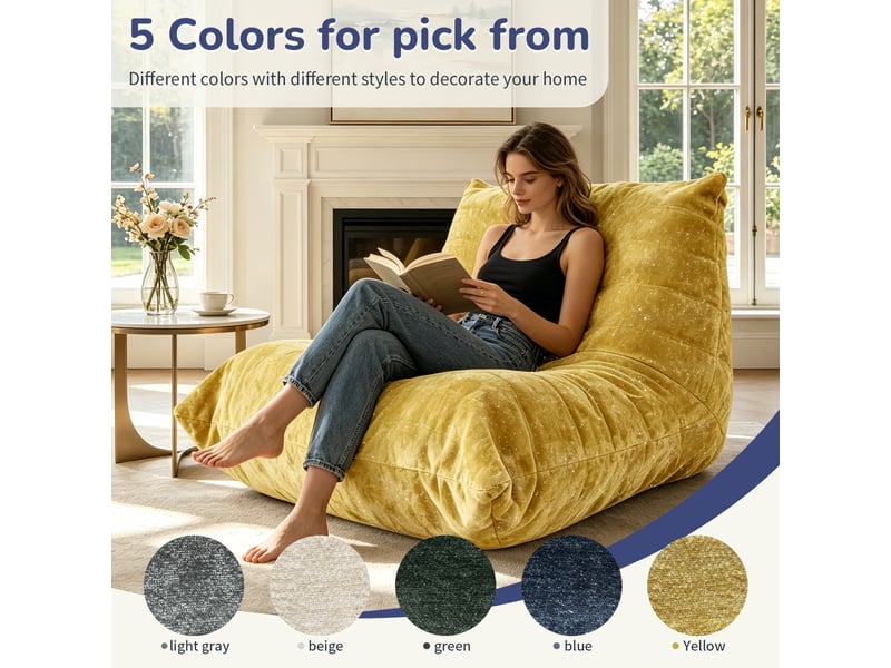 Pouf chenille jaune, canapé paresseux ultra doux &amp; chaise de salon ergonomique, siège de loisirs intérieur pour lecture dans la chambre  - Conforama D