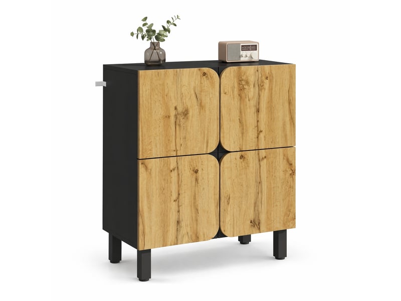  Meuble à chaussures 4 portes avec étagères réglables et fermeture amortie, noir et décor bois naturel  - Conforama A