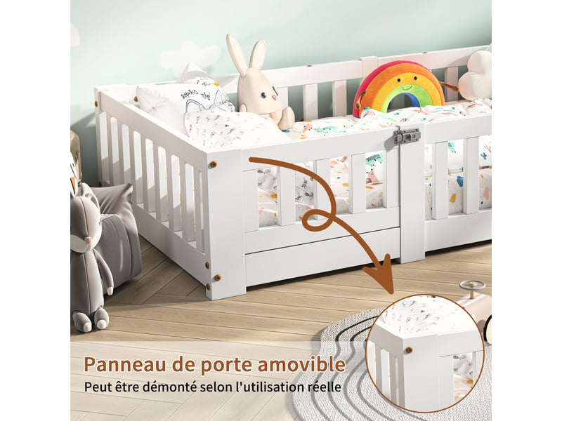 Lit au sol enfant 80x160, lit montessori au sol en bois massif avec barrière de sécurité et sommier à lattes - Conforama D
