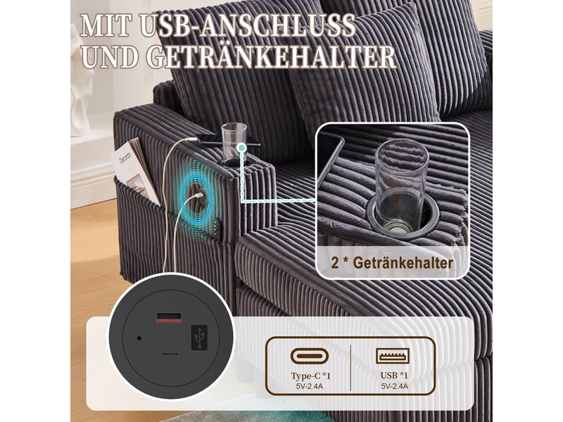  Canapé 2 places en velours côtelé gris foncé avec led, usb et porte-gobelets intégrés pour salon  - Conforama E