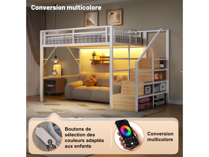  Lit mezzanine enfant 140x200 cm, led, marches avec rangement, cadre en métal, blanc, pour chambre enfant, sans matelas  - Conforama E