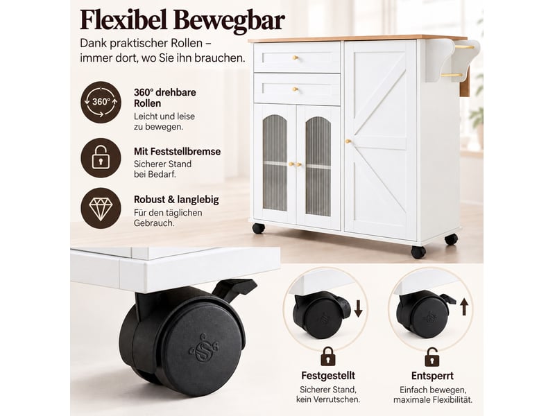 Îlot de cuisine mobile 110 cm blanc et bois clair, plateau rabattable, 2 tiroirs et 3 portes sur roulettes - Conforama E