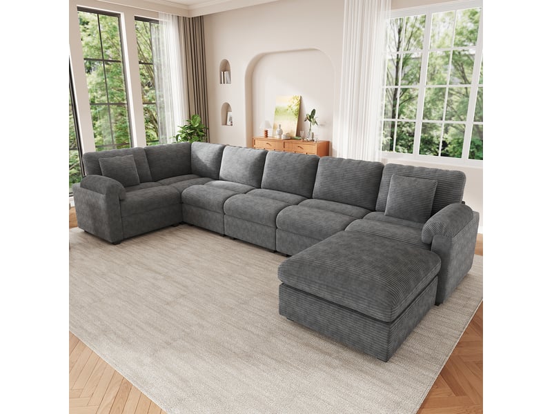  Canapé d'angle modulable xxl en forme de ul 274,5 x 210,5 x 85,5 cm canapé 7 places en velours côtelé avec coussins et pouf séparé gris Sol Morn - Conforama B