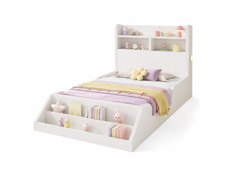  Lit enfant 90x200 cm blanc avec sommier, étagères, veilleuses et rangement  - Conforama A
