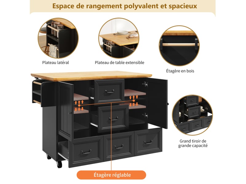  Îlot de cuisine 140x45(73)x93 cm, 5 tiroirs, 2 portes, roulettes, plateau pliable, pour cuisine, en mdf, bois et noir  - Conforama D