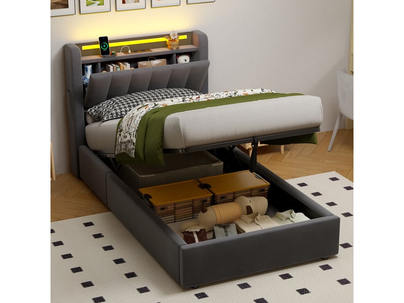  Lit coffre 90x200 cm, led, usb, rangement tête de lit et poche latérale  - Conforama E