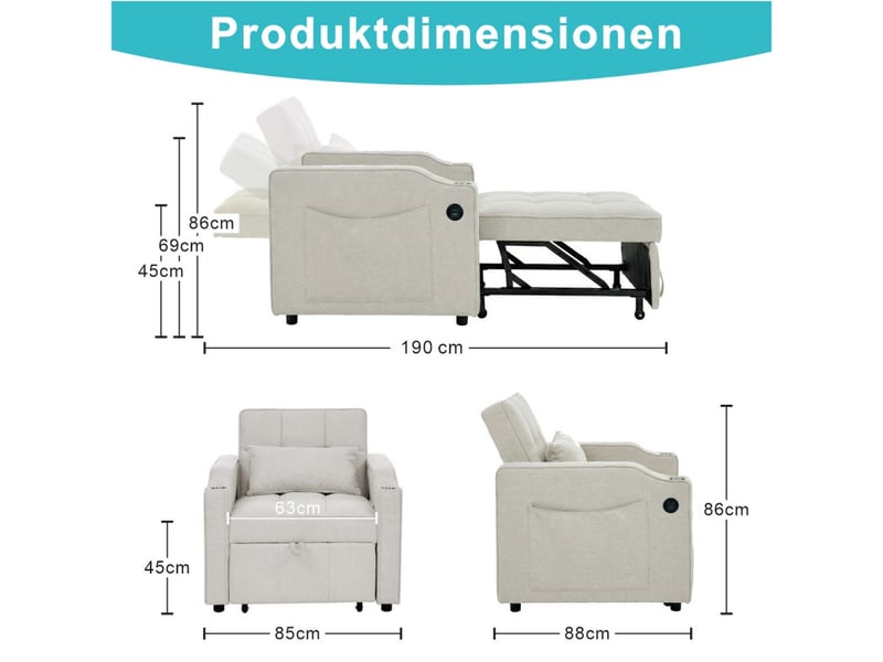  Fauteuil convertible 1 place - 190x85x86 cm - fauteuil 3-en-1 avec ports usb type-c et porte-gobelet avec fonction de lit- beige  - Conforama E