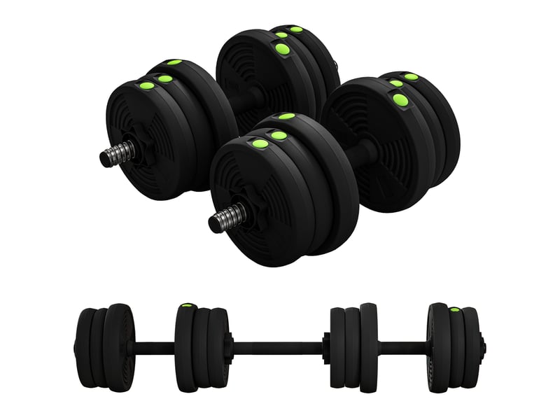 Ensemble d'haltères 2 en 1 (barre et haltères), 20 kg, antidérapant, respectueux des sols, noirvert - Conforama B