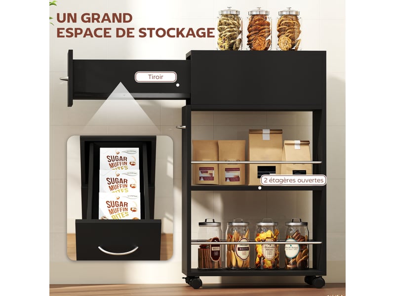  Desserte de cuisine à roulettes avec 1 tiroir et 2 étagères noir 50 x 25 x 85 cm  - Conforama D