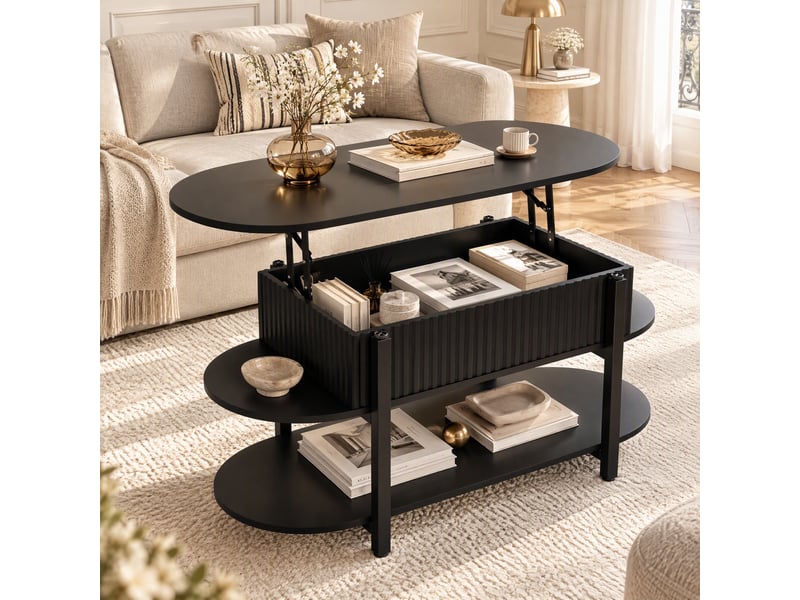 Table basse ovale relevable salon - rangement caché - 2 étagères ouvertes, table basse style crème minimaliste - panneaux cannelés verticaux, table basse multifonction à plateau réglable en hauteur pour salon - nior - Conforama E