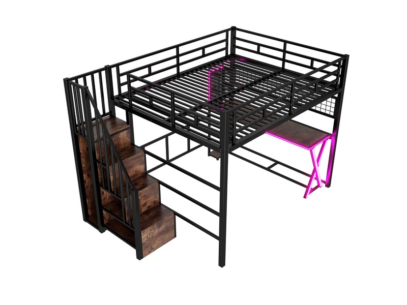  Lit mezzanine 160x200 cm noir avec led, bureau, armoire et escalier rangement  - Conforama D