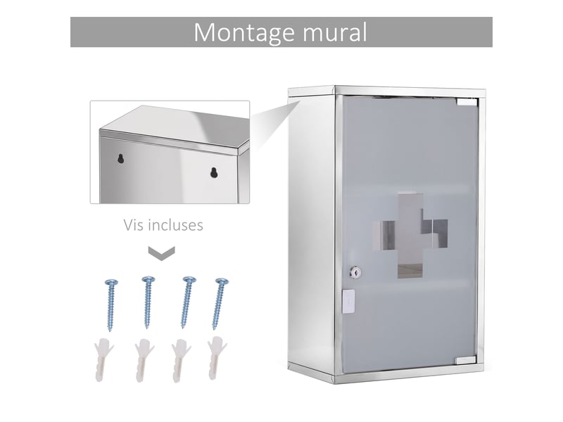 Armoire à pharmacie murale à 3 niveaux en acier inoxydable avec verrouillable porte en verre avec 2 clés  - Conforama E
