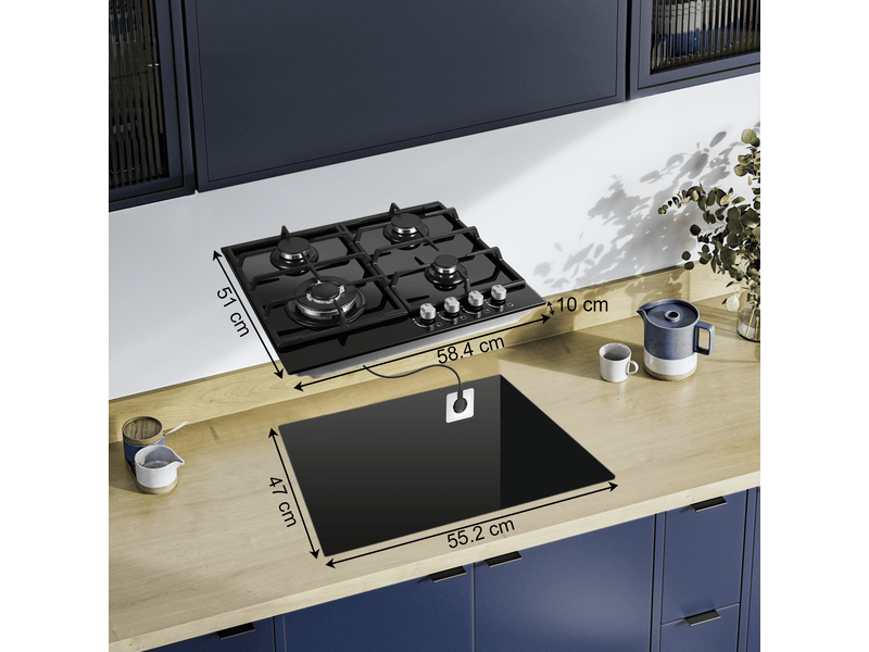 Plaque de cuisson gaz 4 feux, table de cuisson gaz 58 cm en verre trempé noir, encastrable ou indépendante, allumage électronique - Conforama C