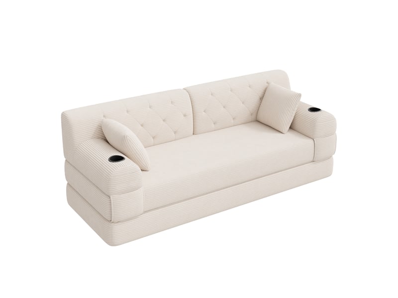  Canapé convertible 3 places avec couchage, dossier haut, 4 poches et 2 porte-gobelets en velours côtelé beige  - Conforama A