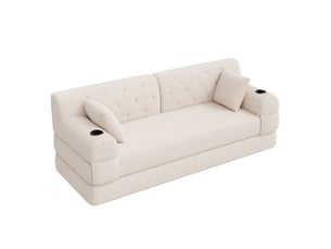 Canapé convertible 3 places avec couchage, dossier haut, 4 poches et 2 porte-gobelets en velours côtelé beige