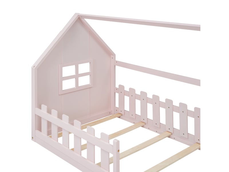  Lit cabane,lit plat pour enfants en pin et mdf 90x200cm,en forme de maison,rose lit enfant rose - Conforama E