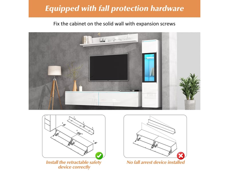Ensemble de meubles de salon 3 pièces, 1 meuble tv, 1 vitrine de salon et 1 étagère murale, avec éclairage led, finition blanc brillant N625P507030031W - Conforama E