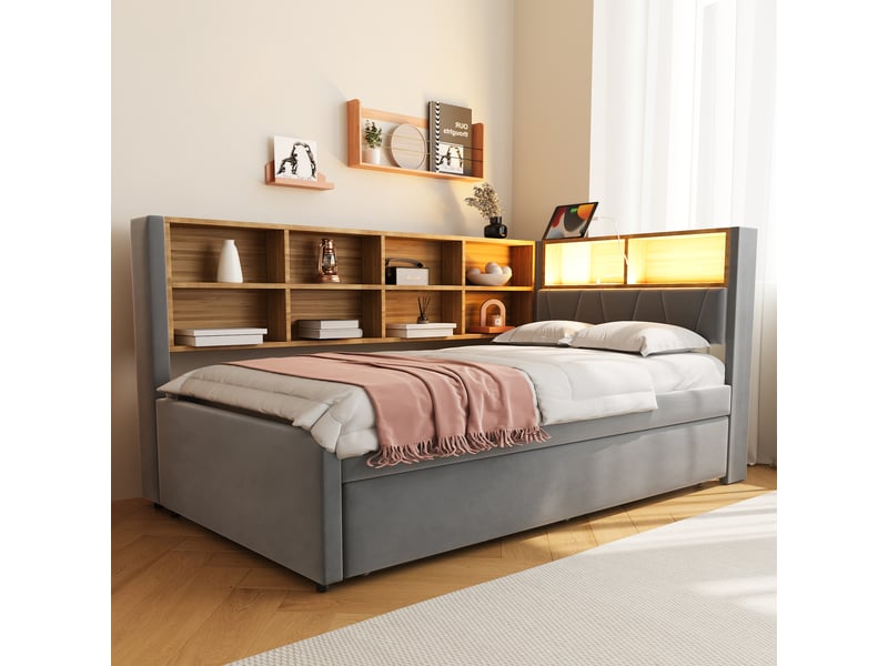  Lit banquette rembourré 90x200 cm avec lit gigogne 90x190 cm, rangements, led, usb, usb-c et prise électrique, sommier à lattes, flanelle gris foncé Radiant Stride - Conforama D