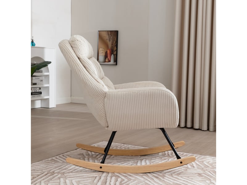  Tcqpz fauteuil à bascule 74x94x96 cm en velours côtelé beige, structure métal et bois  - Conforama D