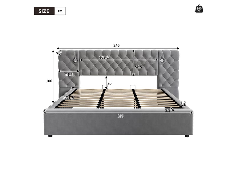  Modenvie lit coffre 180x200 cm - rangement hydraulique, tête de lit en velours, sans matelas - gris  - Conforama C